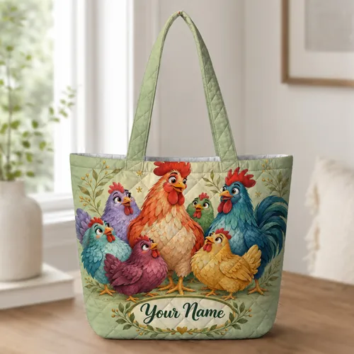 Colorful Chicken Family for Farm Market Days and Cheerful Country Living Gift Idea Quilted Tote Bag