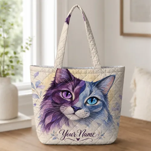 Vibrant Split-Tone Cat Face Gift For Cat Lovers, Art Fans And Everyday Adventures Quilted Tote Bag