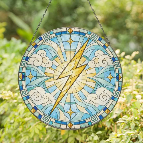 Greek Mythology Lightning Bolt Medallion for Sunlit Nooks and Classical Home Decor Stained Glass Suncatcher