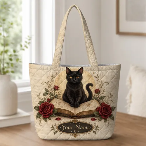 Black Cat on Antique Book with Red Roses for Gothic Literature Lovers and Cozy Readers Quilted Tote Bag