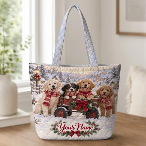 Christmas Puppies in a Festive Snowy Wagon for Cozy Holiday Gift Giving and Cheer Quilted Tote Bag