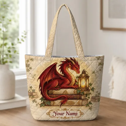 Red Dragon and Library Lantern for Book Lovers, Fantasy Readers, and Cozy Study Days Quilted Tote Bag