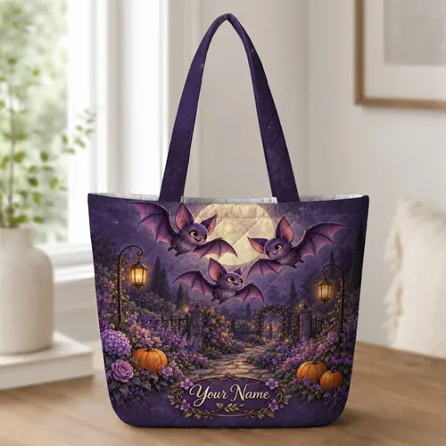 Moonlit Bat and Pumpkin Garden for Cozy Halloween Nights and Autumn Gift Giving Lovers Quilted Tote Bag