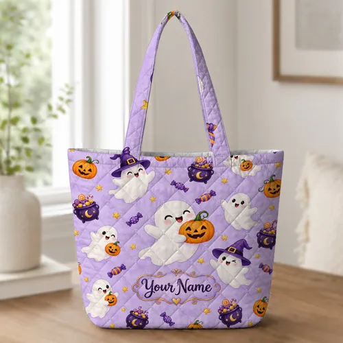Candy Ghosts and Witch Hat Pumpkins for Halloween Parties, Trick-or-Treating and Autumn Quilted Tote Bag