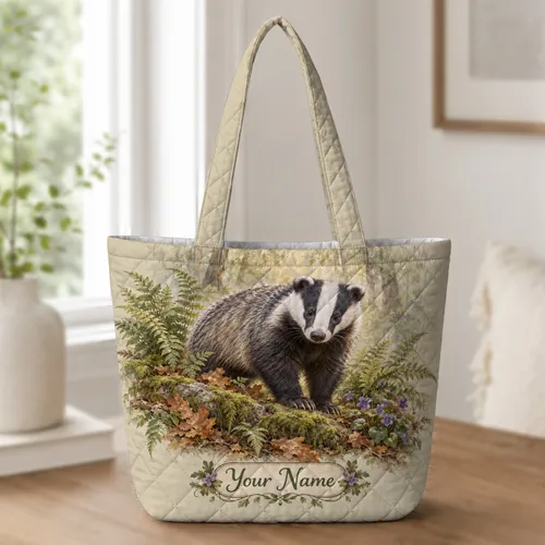 Woodland Badger and Forest Wildflowers for Nature Lovers and Cozy Autumn Outings Quilted Tote Bag
