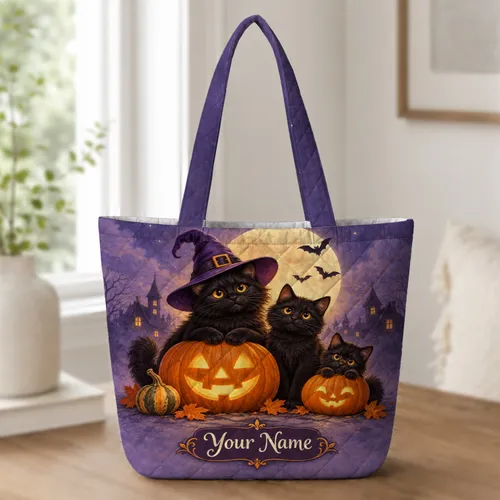 Black Cats And Jack-O-Lanterns Under A Witch Hat Moon For Halloween Cat Lovers Quilted Tote Bag