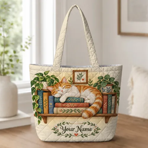 Sleeping Tabby Cat Among Books and Plants for Cozy Reading Nook Gifts for Readers Quilted Tote Bag