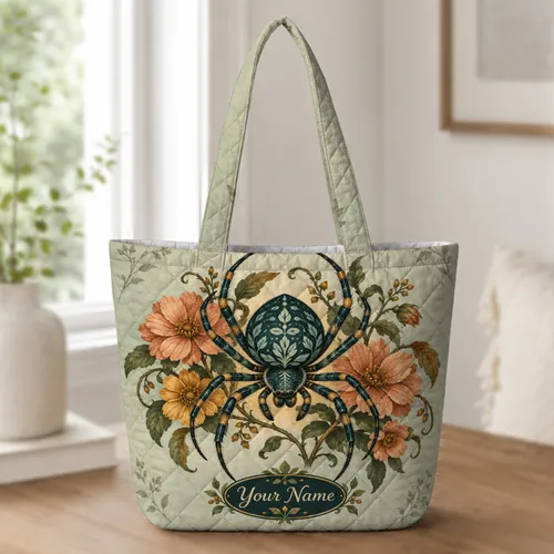 Botanical Spider And Autumn Florals For Gothic Halloween Style And Cozy Fall Living Quilted Tote Bag