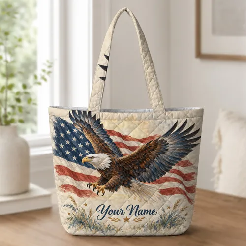 Soaring Bald Eagle And Rustic American Flag For July Fourth Patriotic Americana Style Quilted Tote Bag