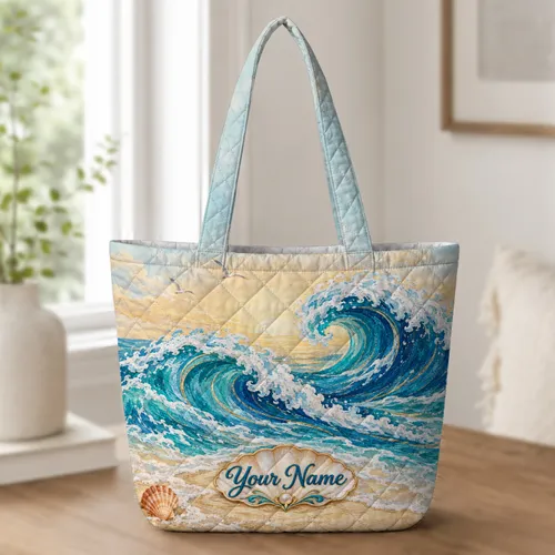 Curling Ocean Waves Coastal Seascape for Beach House Summer Style Quilted Tote Bag