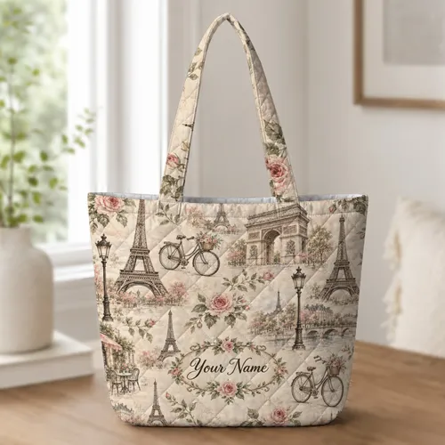 Vintage Paris Landmarks and Roses for Romantic Travel Days, Chic Outings and Gifting Quilted Tote Bag