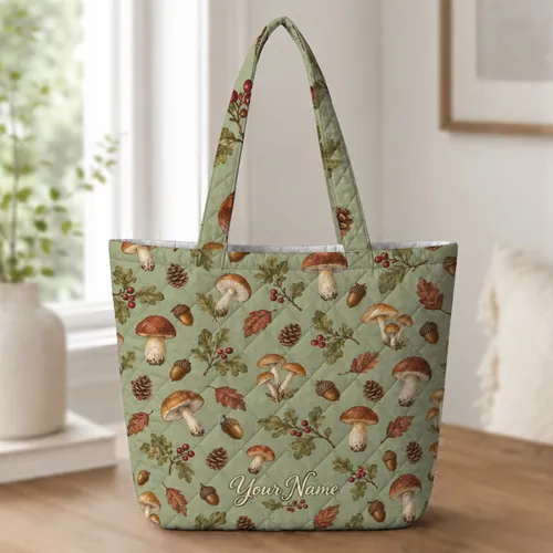 Sage Mushroom and Woodland Forage Motifs for Autumn Nature Lovers and Thoughtful Gifts Quilted Tote Bag