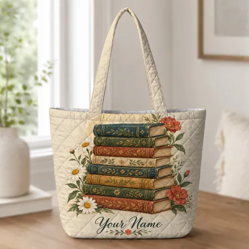 Vintage Book Stack and Garden Blooms for Reading Days, Libraries, and Book Lovers Everywhere Quilted Tote Bag