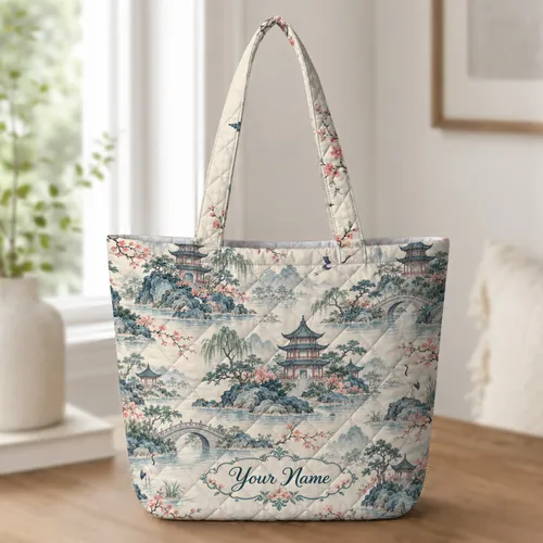 Chinoiserie Pagoda and Crane Scenery for Mahjong Nights and Elegant Game Day Gifts Quilted Tote Bag