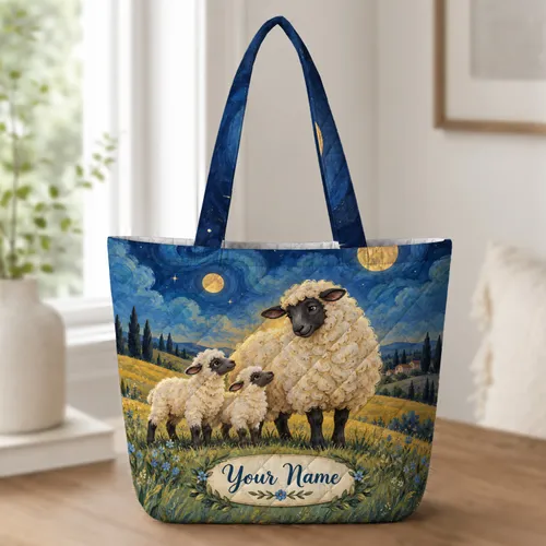 Starry Night Sheep in Golden Pastures for Peaceful Farmhouse Country Living Quilted Tote Bag