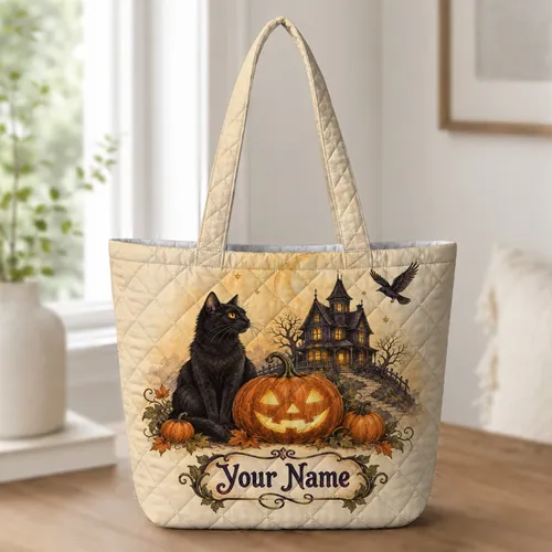 Vintage Halloween Pumpkin and Black Cat for Autumn Parties and Spooky Season Gifts Quilted Tote Bag