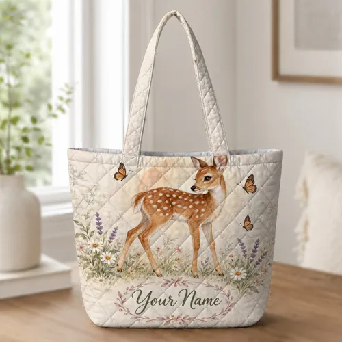 Spotted Fawn and Butterfly Meadow for Cottage Garden Days and Woodland Lovers Quilted Tote Bag