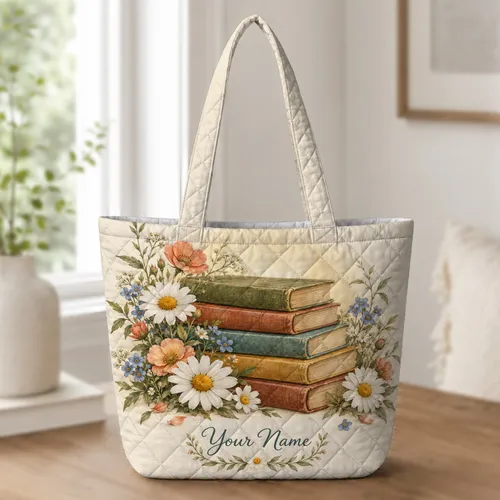 Vintage Book Stack and Wildflowers for Cozy Reading Days and Booklover Gifts Quilted Tote Bag