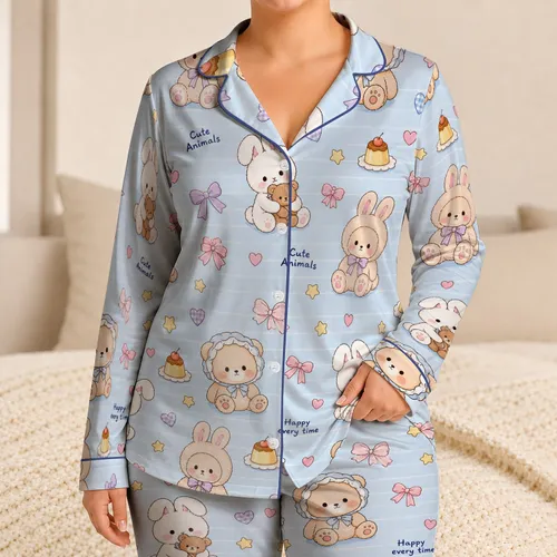Soft Blue Candy Stripe Bunny Bear Cozy Home Nights And Sleepy Weekends For Women Gift Satin Pajamas Set