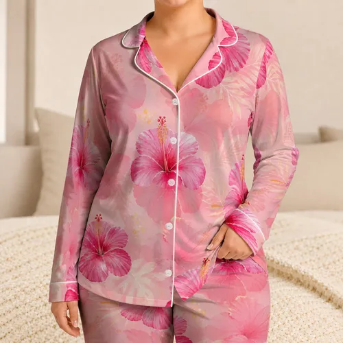 Blush Hibiscus Bloom Resort Lounge Look For Plus Size Women, Tropical Vacation Style Satin Pajamas Set