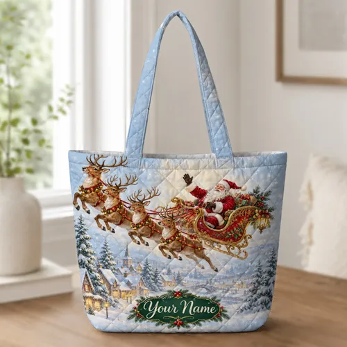 Santa Sleigh and Reindeer at a Snowy Village for Christmas Holiday Gifting for Her Quilted Tote Bag