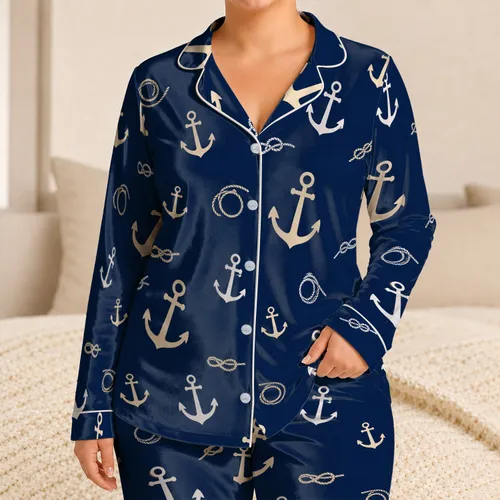 Navy Anchor Motif For Coastal Getaways, Marina Weekends, And Yacht Club Gifts For Him Satin Pajamas Set