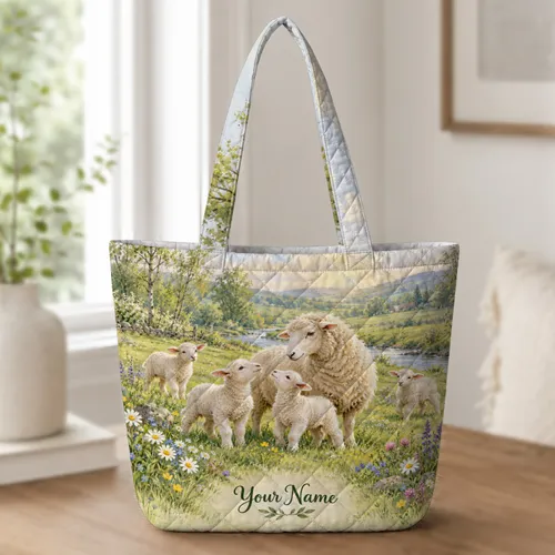 Sheep and Lamb Meadow Scene for Cottagecore Laundry Days and Farmhouse Home Lovers Quilted Tote Bag