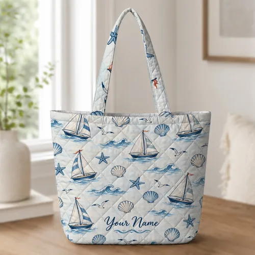 Nautical Sailboats, Ocean Waves and Seashells for Coastal Summer Days and Beach Lovers Quilted Tote Bag