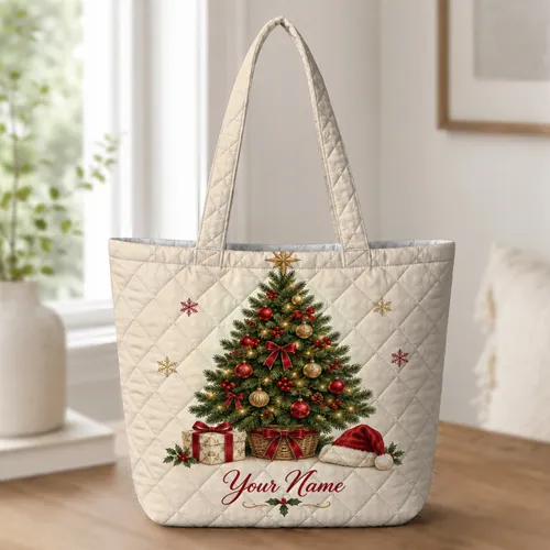 Evergreen Christmas Tree And Gift Holiday Cheer For Festive Winter Celebrations Quilted Tote Bag