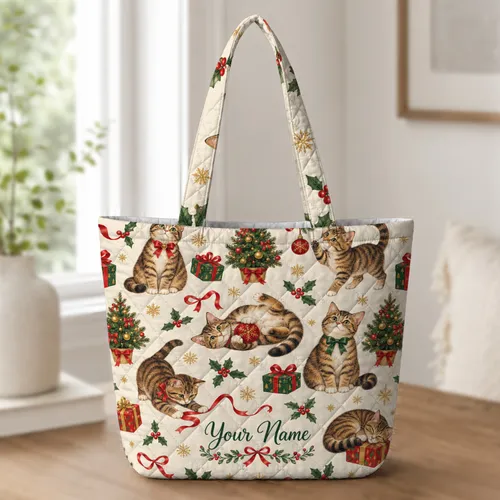 Christmas Cats with Wrapped Gifts for Cozy Holiday Celebrations and Winter Giving Quilted Tote Bag