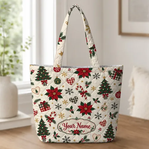 Christmas Patchwork Poinsettias, Trees And Snowflakes For Cozy Holiday Giving Quilted Tote Bag