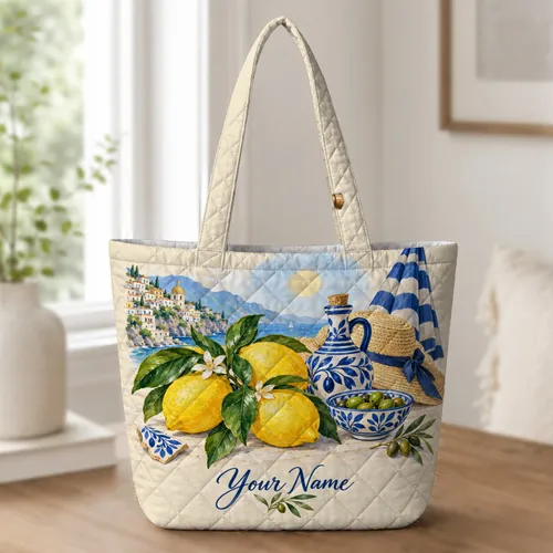 Amalfi Lemon Olive Still Life for Italian Summer Lovers and Coastal Escapes Quilted Tote Bag