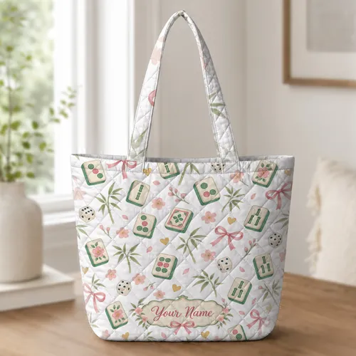 Pastel Mahjong Tiles And Bamboo Motifs For Cheerful Game Night Gatherings With Friends Quilted Tote Bag
