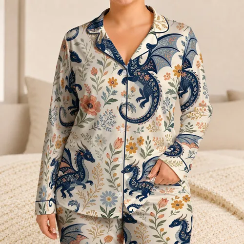 Nordic Dragon Meadow Motif Cozy Holiday Gift For Women With Folk Art Charm At Home Satin Pajamas Set