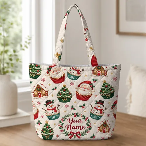 Santa Snowman Christmas Cupcakes and Gingerbread Houses for Cozy Holiday Cheer Quilted Tote Bag