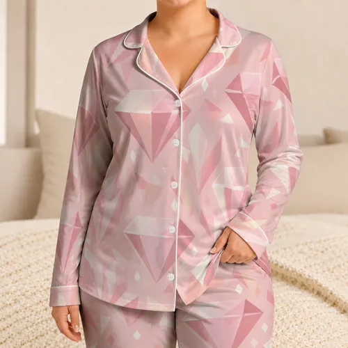 Blush Pink Faceted Crystal Motif For Cozy Bedroom Lounging, Gift For Women And Teens Satin Pajamas Set