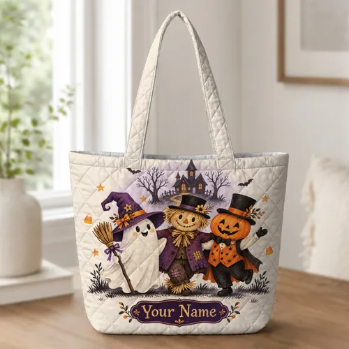 Halloween Ghost Witch, Pumpkin Scarecrow And Haunted House For Autumn Gatherings Quilted Tote Bag