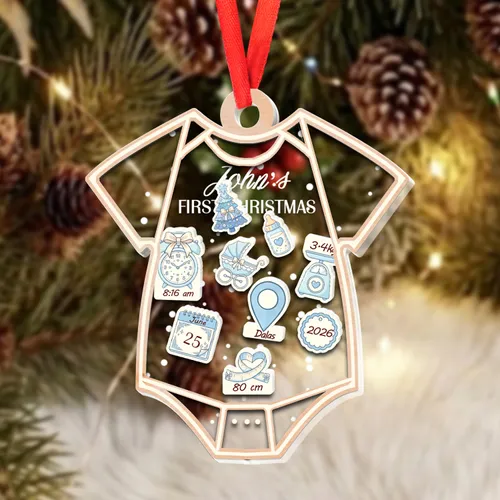 Personalized Baby's First Christmas Ornament – Custom Birth Announcement Onesie Shaker Keepsake