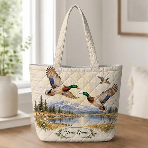 Mallard Ducks Over Alpine Lake for Nature Lovers and Woodland Bird Enthusiasts Quilted Tote Bag