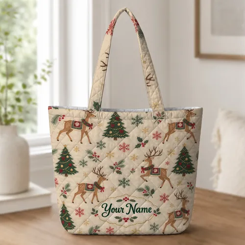 Christmas Reindeer, Evergreen Trees and Snowflakes for Cozy Holiday Celebrations Quilted Tote Bag