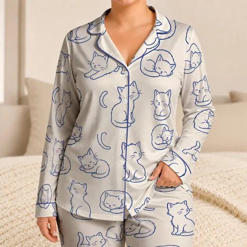Ivory Kitten Doodles for Cozy Nights, Weekend Getaways, and Everyday Comfort Wear Satin Pajamas Set