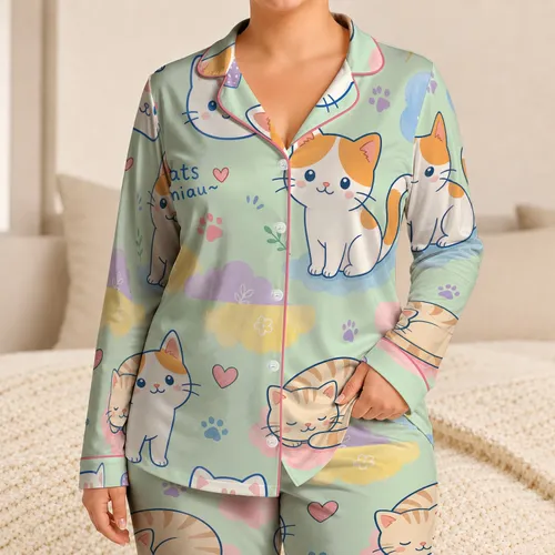 Pastel Cat Motifs for Cozy Summer Lounge Nights, Cute Gift for Women and Teens at Home Satin Pajamas Set