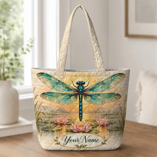 Teal Dragonfly Over Lotus Pond at Sunset for Nature Lovers and Summer Outings Quilted Tote Bag