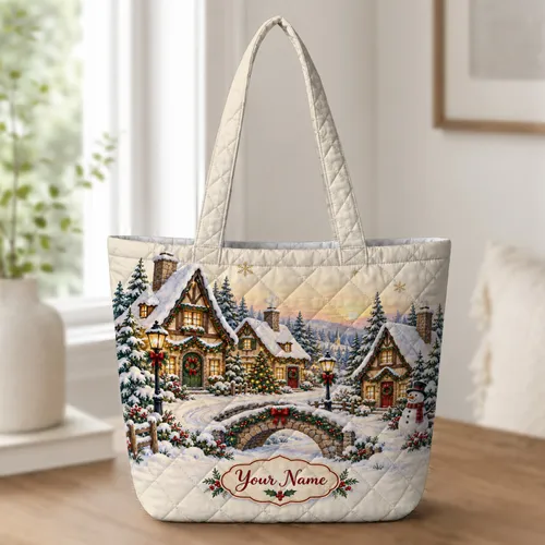 Snowy Christmas Village Cottages and Snowman for Cozy Holiday Season Gift Giving Quilted Tote Bag