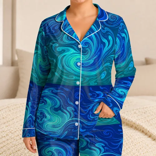 Ocean Blue Ripple Lounge for Coastal Nights, Vacation Rest, and Home Comfort for Women Satin Pajamas Set