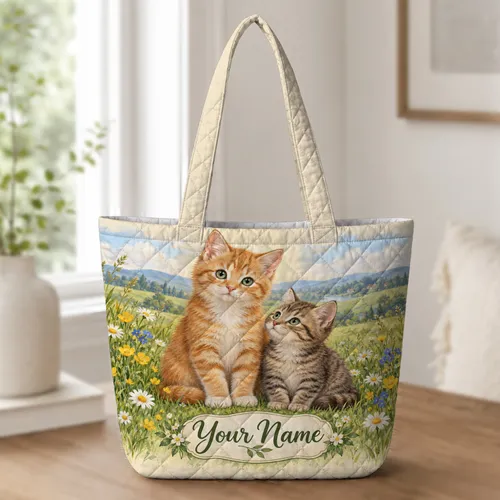 Two Tabby Kittens in a Wildflower Meadow for Cat Lovers and Garden Days Quilted Tote Bag