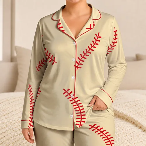 Buttercream Baseball Stitch Motif Sleepwear for Summer Lounging, Youthful Gift Idea Satin Pajamas Set