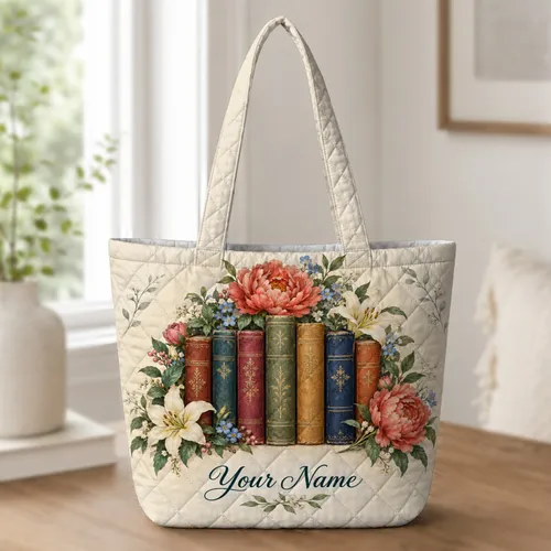 Vintage Floral Books and Garden Blooms for Library Days and Reader Gifts for Her Quilted Tote Bag
