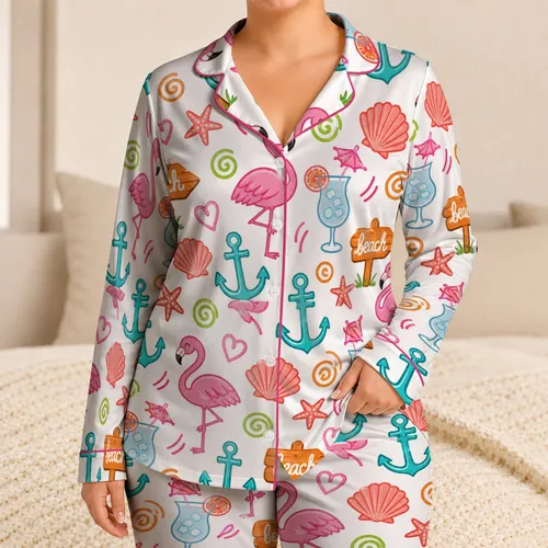 Coastal Flamingo Beach Holiday White Scattered Motifs For Summer Vacation Gifts Satin Pajamas Set
