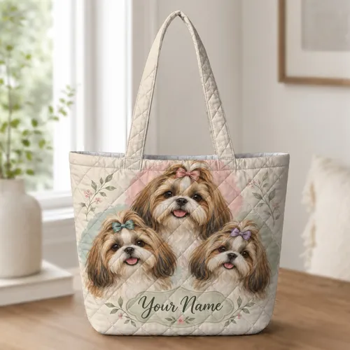 Shih Tzu Portrait with Colorful Bows for Cozy Everyday Style and Proud Dog Lovers Quilted Tote Bag